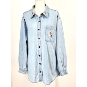 Cottagecore Plus Size 20W Embroidered Chambray Denim Shirt Floral Cherokee